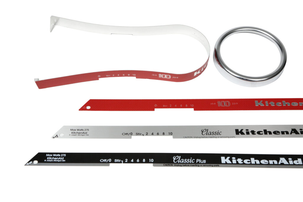 Red, Gray and Black Trim Band for counter top mixers, along with formed trim band and drip ring